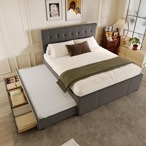 Kinderbett Polsterbett 140x200, Doppelbett Tagesbett mit Ausziehbett und 3 Stauraum Schublade,Schlafsofa Gästebett Sofabett Jugendbett mit Lattenrost,Verstellbares Kopfteil,Leinen,Grau,Ohne Matratze – Bild 6