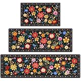 CHICNOOK 3 Piece Boho Floral Kitchen Rug Set, Colorful Mexican Embroidery Style Non...