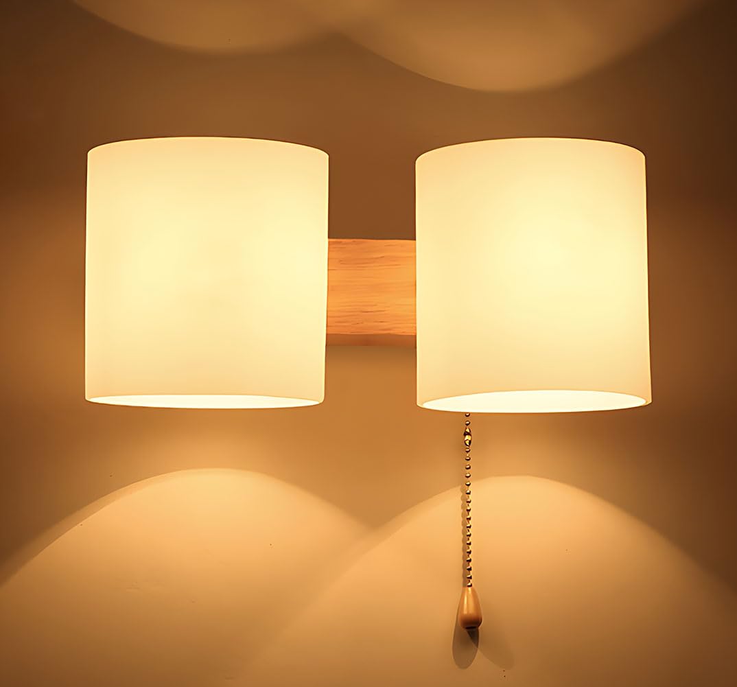 Holz Wandlampe Glasschirm mit Zugschalter 2 Flammig Innen Wandlichte mit Schalter Runde Schlafzimmer Nachttischlampe Glas Lampenschirm Wandleuchte Moderne E27 für Treppe Flur Wohnzimmer