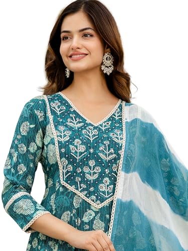 Image of Pure Cotton Anarkali Kurta Set for Women with Dupatta | 3 Piece Cotton Anarkali Suit | Floral Aari Work | Flared Ethnic Wear