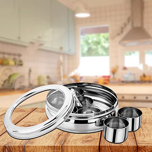 Image of SEGA Stainless Steel Belly Shape Masala Dabba with See Through Lid - Spice Organizer Box with 7 Masala Containers and Small Spoon for Stylish Kitchen Use, Silver - 750 ml