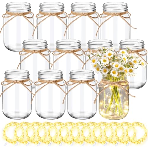 Chunful 6 Pcs Glass Mason Jar with LED Lights for Table Centerpiece Decorations Set Clear Rustic Farmhouse Coffee Table Decor with LED Lights for Wedding Dining Room Kitchen Decor