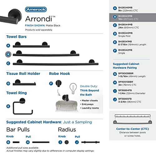 Image of Amerock Arrondi 18 inch Matte Black Towel Bar | Decorative bathroom hardware in durable Stainless Steel construction; mounting hardware included for easy installation