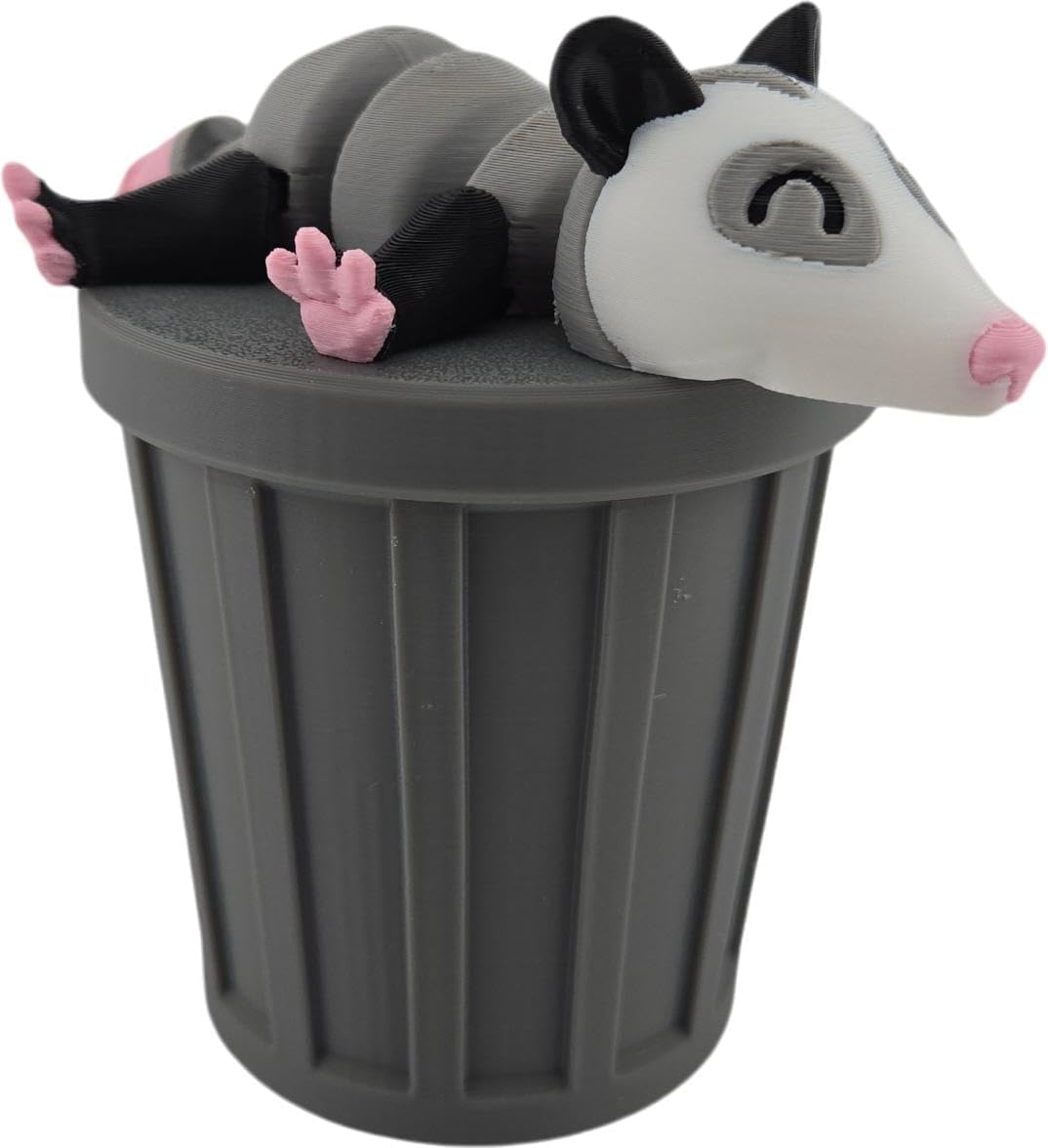 3D Printed Articulated Possum Figurine | Realistic Black, Grey, White, and Pink Colors | Adorable Desk Decor and Collectible Toy | Fidget (Possum with Trash Can)