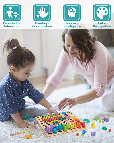 image for UNIH Wooden Number Sorting for Toddlers,13 in 1 Preschool Clip Beads M