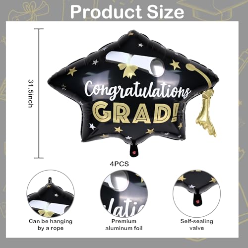 Image of Graduation Cap Balloons, Graduation Decorations 2026, 4 Pcs Black Gold 2026 Congrats Grad Hat Balloon Foil Mylar Balloon for High School College Class of 2026 Congratulations Graduate Party Decoration