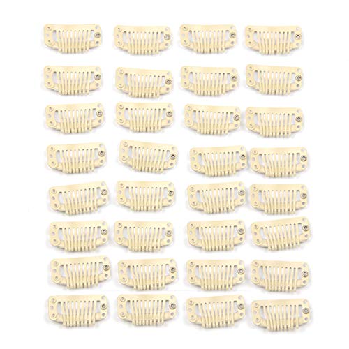 30pcs Wig Clips Stainless Steel Snap Clips for Hair Extensions DIY Wig Combs Toupee Clips 9-teeth 32mm 1.2g/pc (Beige 30pcs)