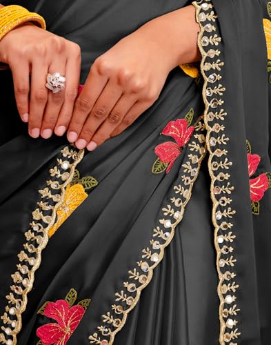 Image of SIRIL Women's Embroidery, Mirror Work, Scalloped Border Shimmer Georgette Saree With Unstitched Blouse Piece