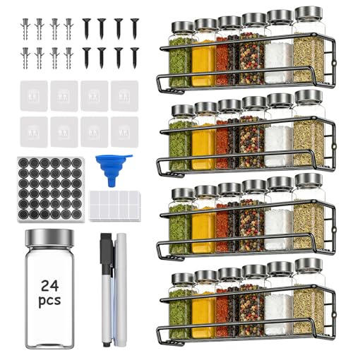 AHOMSEL Gewürzregal mit 24 Gläsern & Etiketten kein Bohren erforderlich hängendes Gewürzregal geeignet zum Aufhängen an Wänden & Schranktüren Gewürz Organizer-Set mit Flaschen & Aufklebern