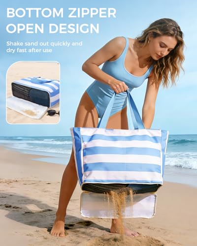 Image of WANDF Beach Bags for Women, Large Waterproof Sandproof Beach Tote Bag with Zipper Family Pool Bags with 40oz Tumbler Pocket, Swim Cruise Vacation Essentials (Blue)