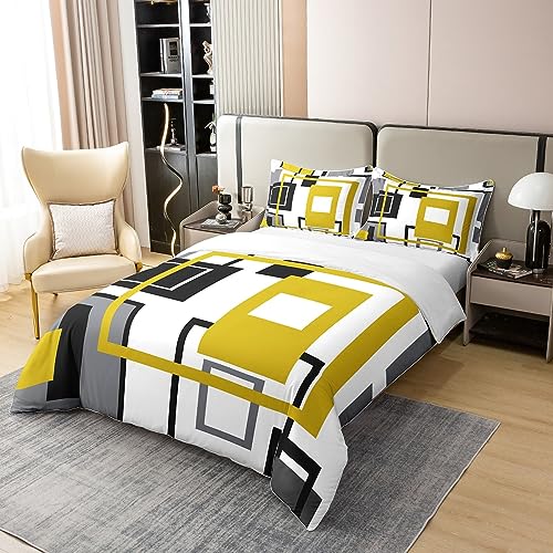 100% Organic Cotton Abstract Duvet Cover Geometric Square Striped Bedding Set Black White Yellow Grey Comforter Cover for Kids Adults,Modern Simple Bed Set 2 Pillow Cases Double Size - Image 2