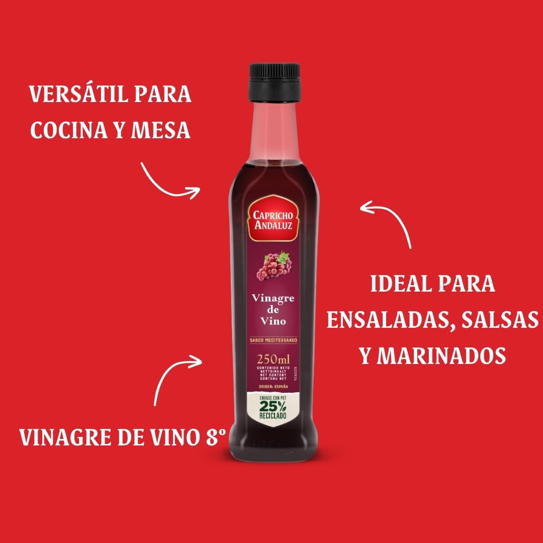 Capricho Andaluz - Vinagre de Vino 8º PET de 500 ml, El Sabor más Auténtico e Intenso para Aderezar y Marinar las Ensaladas