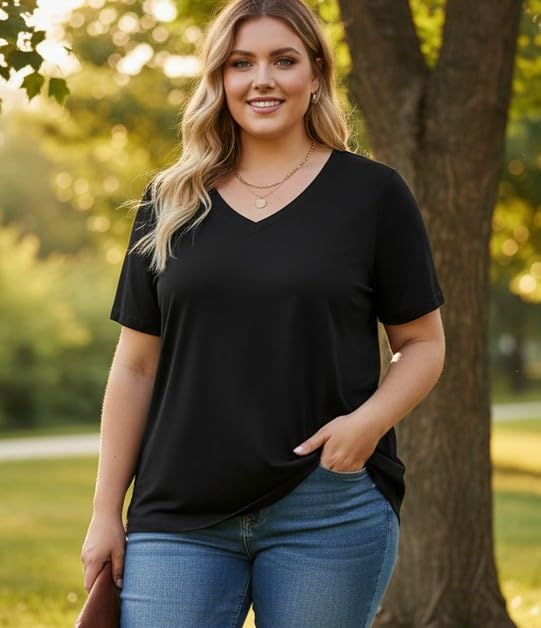Image of ForHailey Women's Plus Size Short Sleeve Tee Shirt V Neck Basic Ladies Loose Fit T Shirt 1X-5X