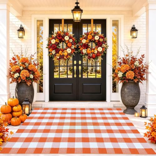 Fall Outdoor Rug 4' x 6' Orange and White Bufflao Plaid Rug Layered Mat