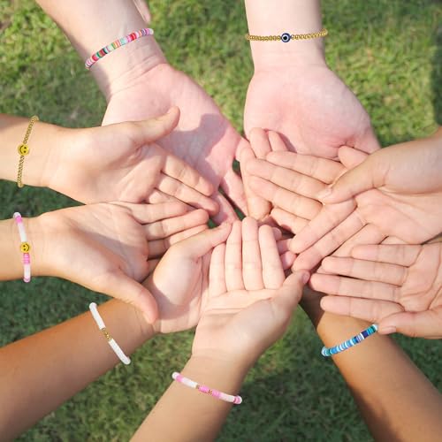 Image of Preppy Bracelets Set Colorful White Gold Smile Heart Star Polymer Beaded Pearl Clay Stackable Charm Y2K Kidcore Aesthetic Summer Beach Bohemian Stretch Layering Bracelets Jewelry for Girls Women Teens