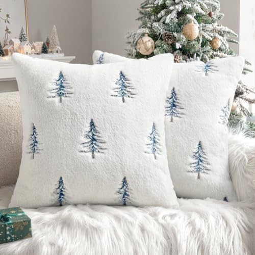 Image of MIULEE Christmas Decorative Faux Fur Pillow Covers 20x20 Inch White Blue | Set of 2, Embroidered Christmas Tree Throw Pillows, Winter Couch Covers, Festive Home Decor for Sofa Bedroom Living Room