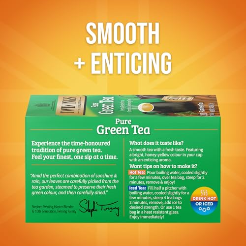 Image of Twinings Pure Green Tea Individually Wrapped Bags, 20 Count (Pack of 1), Smooth & Refreshing, Caffeinated, Enjoy Hot or Iced, 20 Teabags