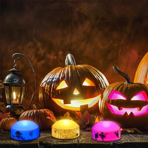 Image of 6 PCS Color Changing Halloween LED Pumpkin Candle Lights with Remote and Timer, Colored Battery Operated Jack-O-Lantern Light for Outdoor Halloween Flameless Pumpkin Home Decorations
