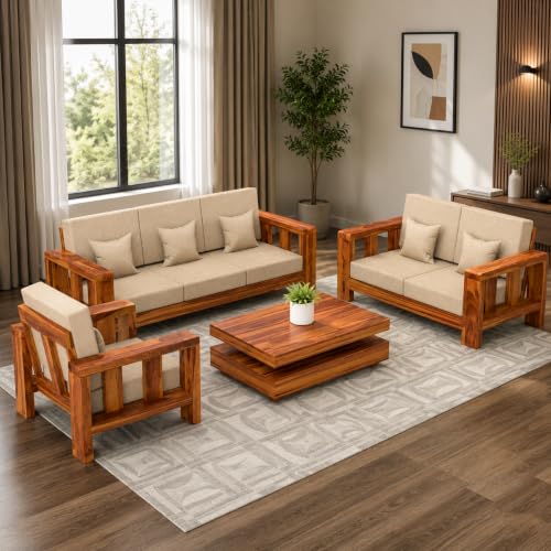 Image of Wooden Sofa Set 6 Seater for Living Room - Solid Sheesham Wood Sofa 6 Seater with Comfortable Cushion Seating | (Honey, 3+2+1)