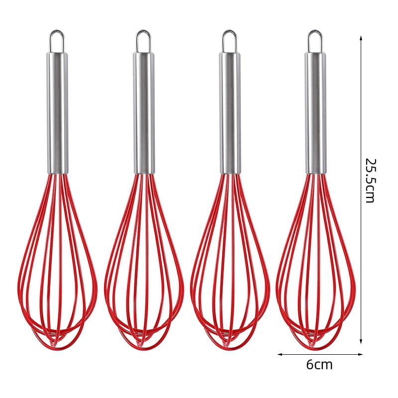 Ousyaah 5-Piece Silicone Whisk Stainless Steel Handle, 10-Inch Kitchen Egg Beater Milk Frothers for Cooking, Classic Mixer Balloon Wire Whisk for Blending, Whisking, Beating and Stirring (Red)