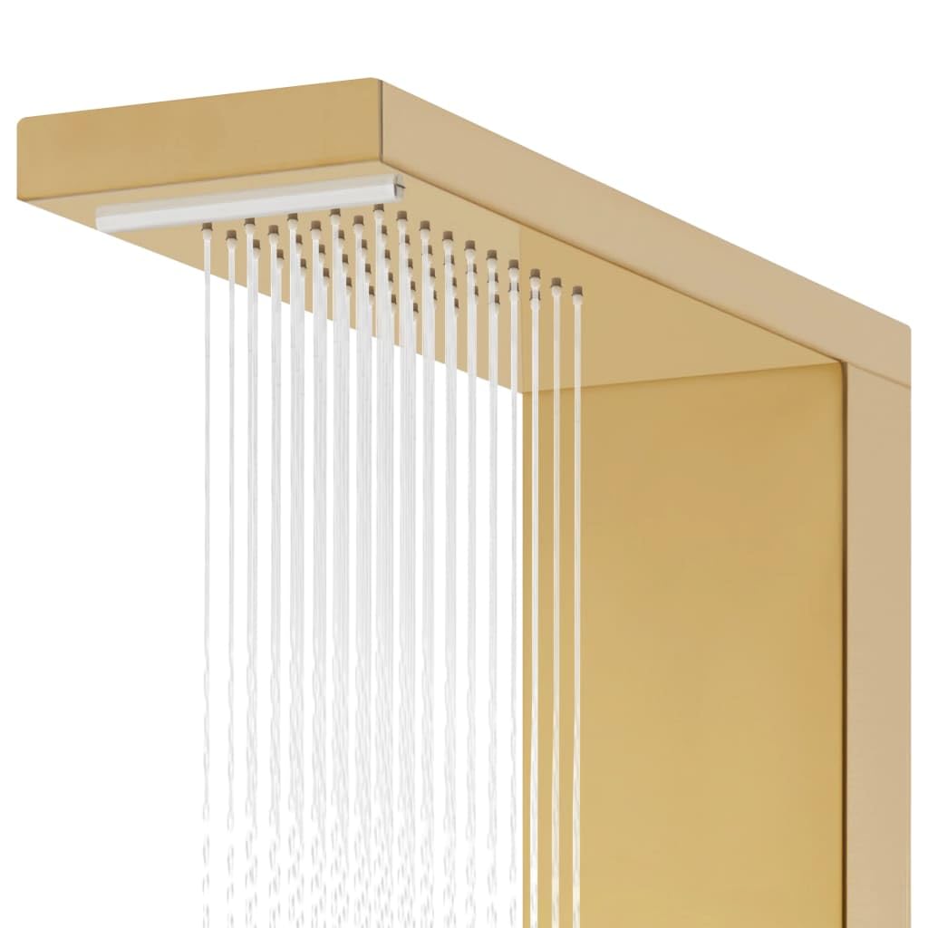 Sistema di pannelli doccia in acciaio inox 201 Golden con soffione a pioggia, cascata, ugelli massaggianti e doccetta, altezza 130 cm, regolabile e orientabile, per vasca da bagno, doccia e