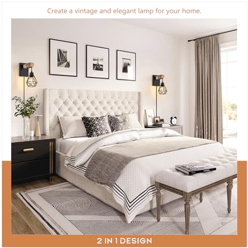 Image of Lomoky Plug in Wall Sconces Set of Two, Vintage Wood Wall Lamps with Plug in Cord, Farmhouse Wall Light Fixture with 5.25FT On /Off Switch Cord, Indoor Sconces Lighting for Bedroom Living Room