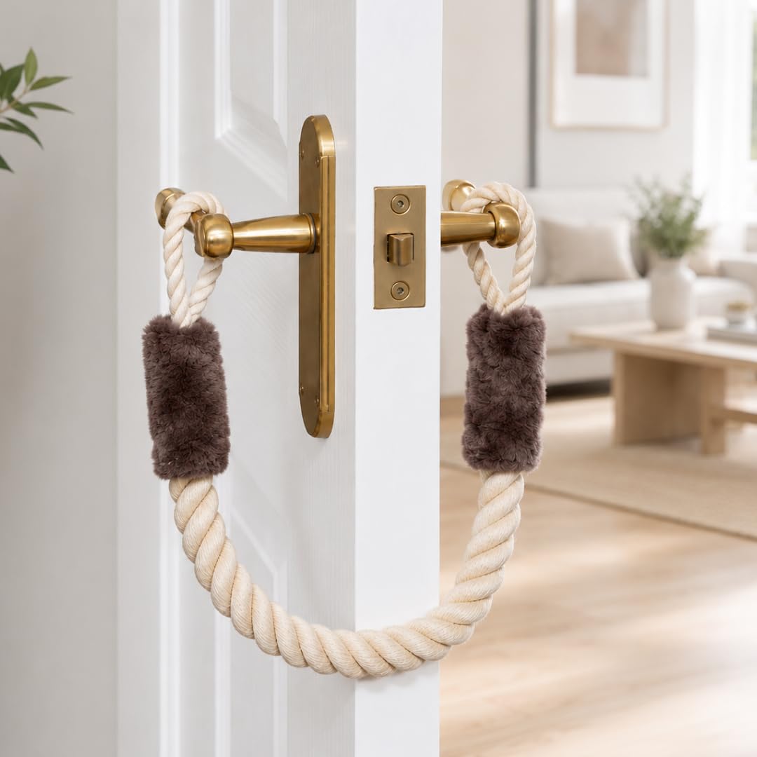 Rope Door Stops for Door Handles (Pack of 2) – Keeps Doors Open Without Slamming, Soft Faux Fur Protectors, No Installation Door Holder for Airflow & Ventilation