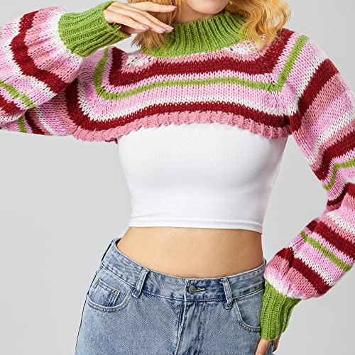 Women Striped Crochet Shrug Sweater Colorful Long Sleeve Knit Bolero Top Hollow Out Patchwork Arm Warmers4
