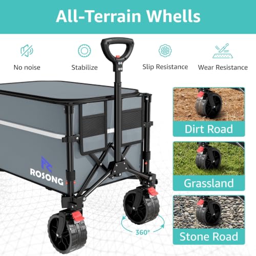 Image of ROSONG Collapsible Wagon Cart with Wheels, Grey with Cover, 120L | Foldable, Folding Utility, Heavy Duty, For Grocery Sports Garden Shopping Camping