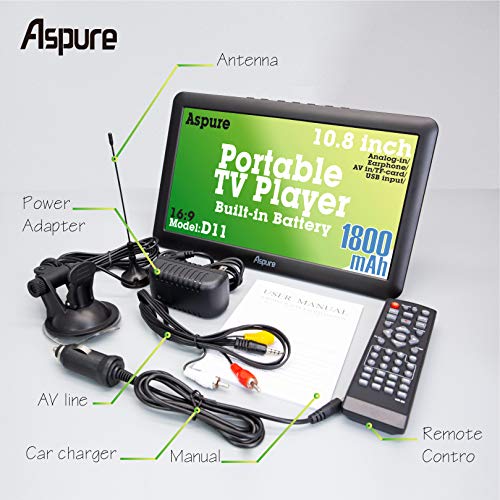 10.8 Inch Portable Digital ATSC TFT HD Screen Freeview LED TV for Car,Caravan,Camping,Outdoor or Kitchen.Built-in Battery Television/Monitor with Multimedia Player Support USB Card Aspure -D11