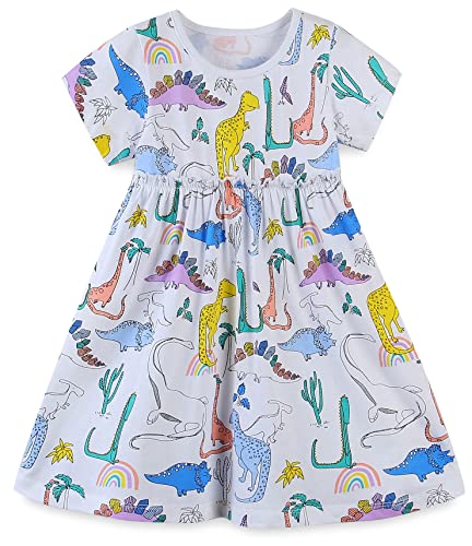 TEDD Vestidos de verano para niñas, vestido floral de unicornio, 100 % algodón, vestido camisero casual para niños pequeños de 1 a 7 años, Blanco - Dinosaurio, 6-7 años