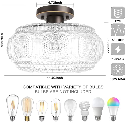 Image of Semi Flush Mount Ceiling Light, Upgraded Larger Bronze Glass Ceiling Light Fixture, Vintage Lighting for Hallway Kitchen Bedroom Dining Room, Bulb Not Included