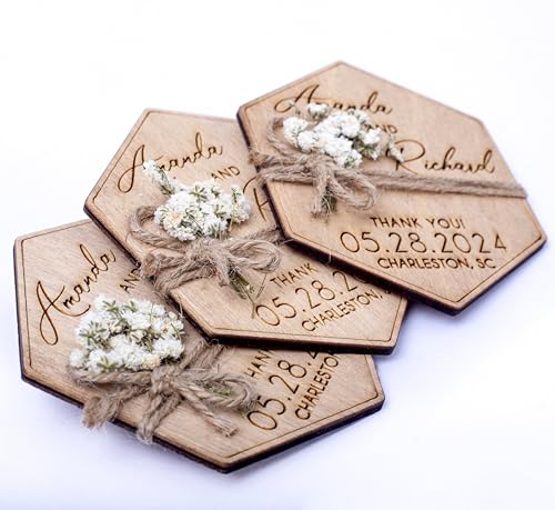 Vitawed Hexagon Floral Wedding Favors, Personalized Wedding Favor, Wooden Magnet