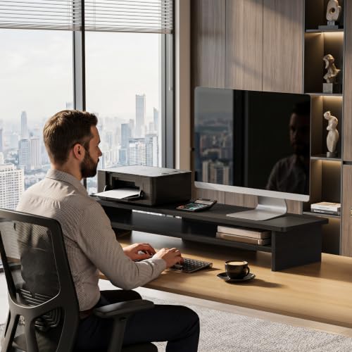 Image of WALI 42 inch Large Wood Dual Monitor Stand Riser with Storage, up to 88lbs | Multi-Purpose Computer Stands, 2 Tier Desktop Organizer Desk Shelf for Home Office PC, Laptop, Printer, TV (WTT001), Black
