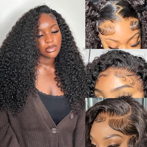 Image of CYNOSURE 13x4 Deep Wave Lace Front Wigs Human Hair Pre Plucked 180% Density Brazilian Deep Curly HD Transparent Lace Frontal Wig with Baby Hair Natural Black Color 18 inch