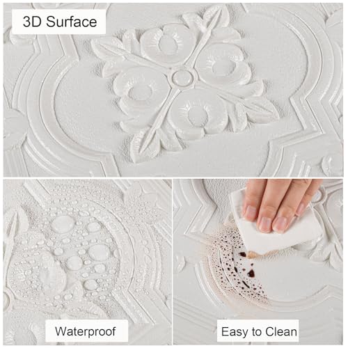Ceiling Tiles Peel and Stick Foam, 16 Pcs Covered 21 Sq.Ft, 3D Wall Panels Peel and Stick Floral Look, Easy to Install and Cut for Ceiling and Interior Wall Decor, Plain White(13.8 x 13.8 inch)