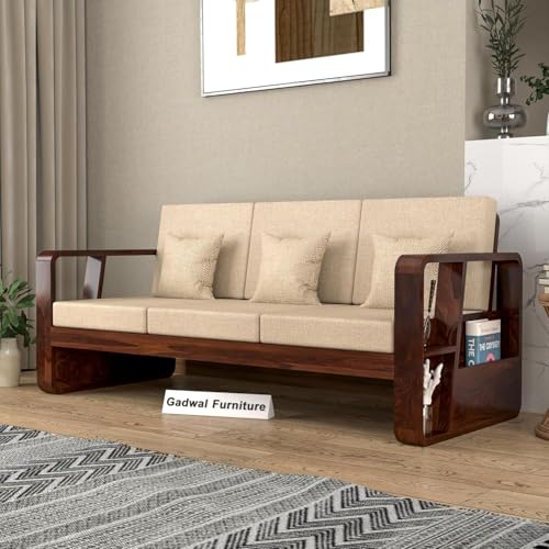 GADWAL FURNITURE Sheesham Wooden Sofa Set 3 Seater - Premium Wooden 3 Seater Sofa for Living Room with Side Newspaper Holder - Solid Wood Sofa for Home & Office Furniture (Walnut, Allen 3 Seater)