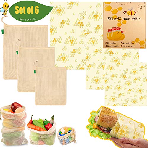 JOSE9A Envoltorio Cera Abeja Beeswax Food Wrap Bee Paquete de 6 Ecológicas de Almacenamiento de Alimentos con Bolsas Algodón Malla Orgánica Gratuitas: Salve el Planeta y Diga Adiós al Plástico
