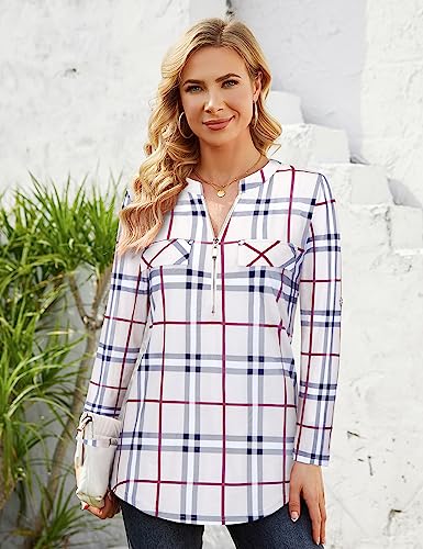Image of Bulotus 3 /4 Length Sleeve Womens Striped Tops Zipper V Neck Collared Blouses Business Casual Tunics 2026 Spring Trendy