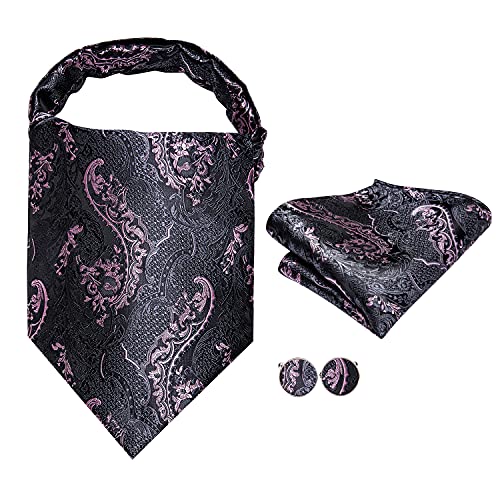 Image of Hi-Tie Silk Ascot for Men Self Tie Men's Cravat and Flower Lapel Pin Handkerchief Cufflinks Set for Wedding Party