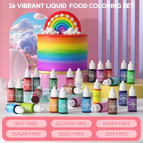 Image of Food Coloring for Baking - Cherrysea 26x10ml Vibrant Cake Coloring Liquid Set for Dessert Decorating Food Dye for Icing,Fondant,Cookies,Easter Egg,Making DIY Supplies Kit- 0.35 Fl. oz /Bottles