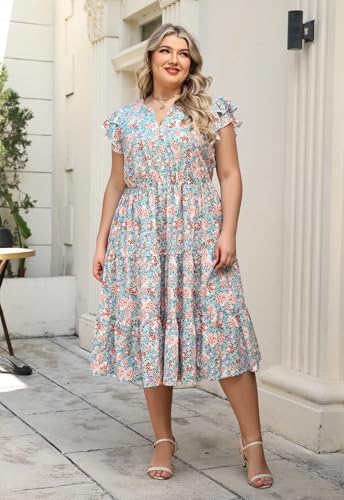 Image of Keluummi Plus Size Midi Dress for Curvy Women Wedding Guest Summer Floral Empire Waist Short Sleeve with Pockets