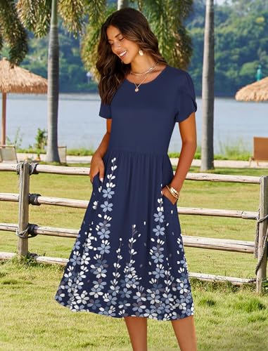 HOTOUCH Women's Summer Short Sleeve A-Line Midi Dresses Casual Floral T-Shirt Dress Flowy Beach Sundress with Pockets2