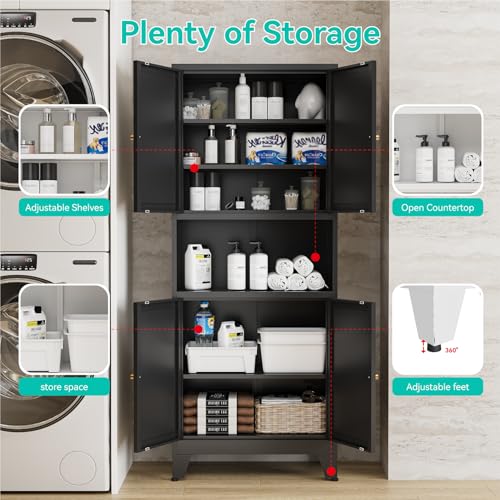 Image of 69 inch Tall Pantry Cabinet with Open Shelf,13.78 inchDeep By 28 inch Wide Storage Cabinet with Doors and Adjustable Shelves,Microwave Stand,for Kitchen Dining Room Bathroom,Black,1Pc