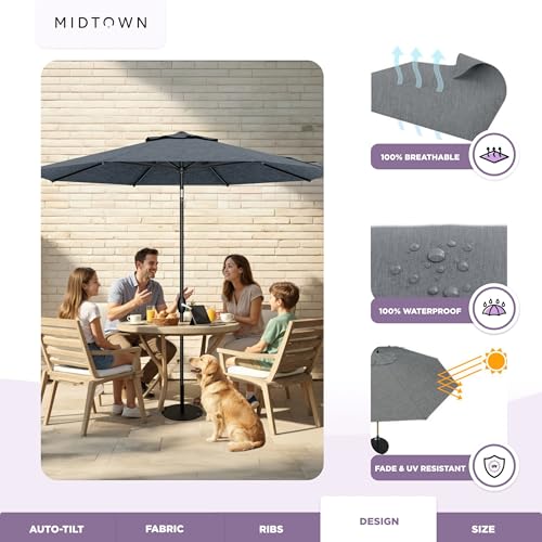 Image of Midtown Umbrellas 10-Year-No-Fade - 9 Ft - UV Proof Heather Grey Polyester Fabric - Umbrella Outdoor Patio, Auto-Tilt Aluminum Frame Patio Umbrella for Garden, Pool & Deck - Black Pole