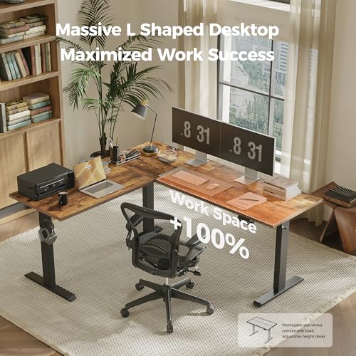 Image of Agilestic 63 x 55 Inch L Shaped Standing Desk Adjustable Height, Corner Standing Desk, Sit Stand Up Computer Table, Splice Board, Rustic Brown