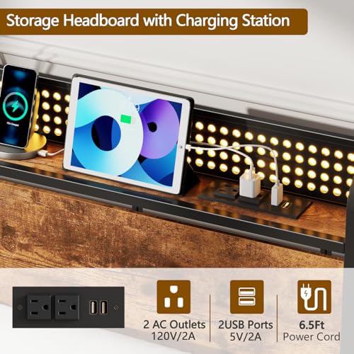 Furnulem Queen Size Bed Frame with Headboard Storage, Platform Bed Frame Queen Size with 2 Drawers, Charging Station and LED Lights, No Box Spring Needed, Noise Free - Image 5