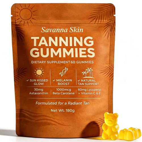Savanna Skin Tanning Gummies All-Natural Antioxidant Blend with Vitamin C & E Astaxanthin Beta Carotene Tanning from Within for Natural Looking Glow - 60 Count