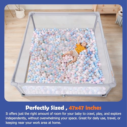 Image of Sweeby Baby Playpen, 47x47 Inch Foldable Playpens for Babies and Toddlers, Extra Large Playpen with Door Play Yard for Baby Fence Indoor and Outdoor Portable Play Pen, Light Gray