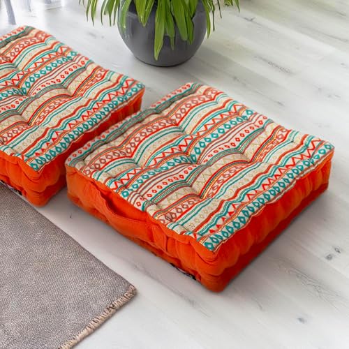 Image of Reversible 50x50x10 cm Woven Quilted Floor Cushion Boho Orange with Cotton Filler for Seating, Patio Seat, Meditation, Yoga, Pooja, Guests, Living Room, Bedroom, Large Size 20x20x4 Inch